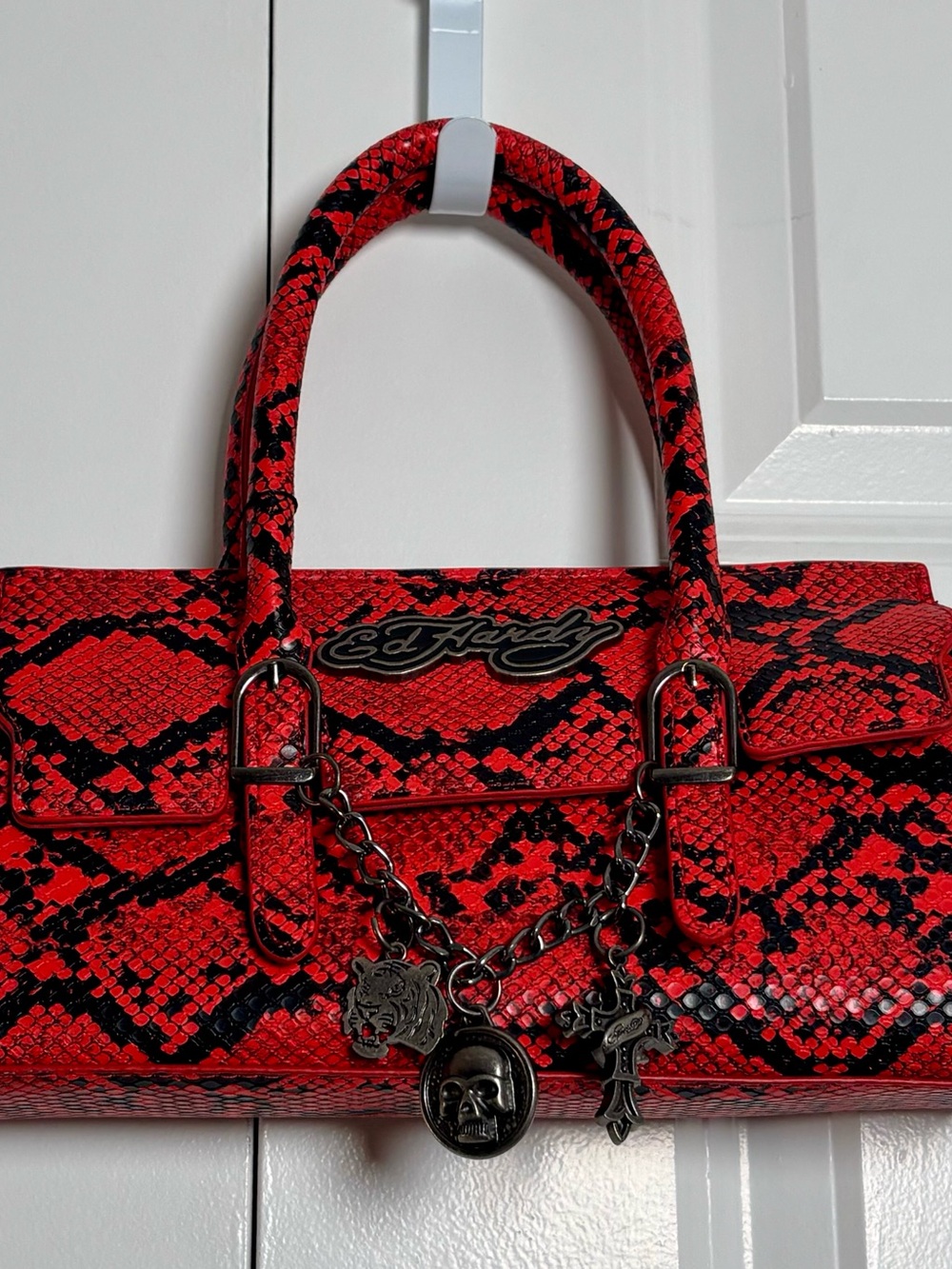 Ed Hardy Red/Black Snake-Print Top-Handle Satchel Handbag w/ Adj Crossbody Strap